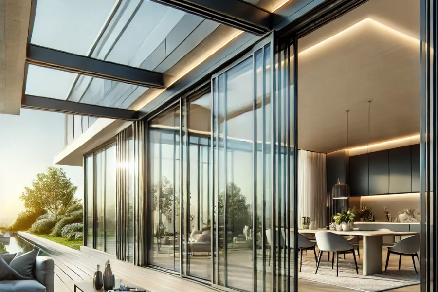 DALL·E 2025-03-16 21.21.21 - A sleek thermal folding glass system installed in a contemporary home. The system consists of large, energy-efficient glass panels with ultra-thin alu